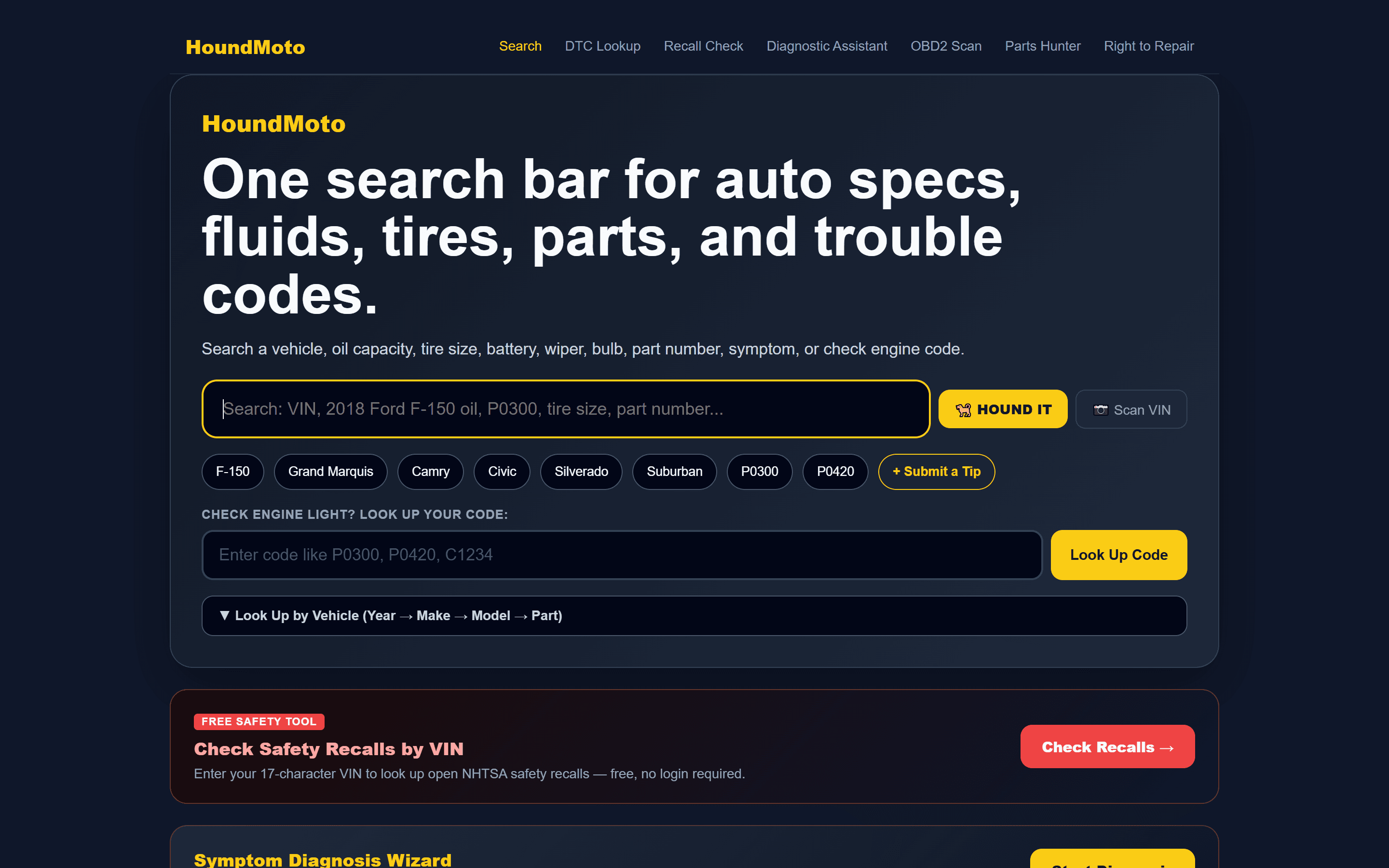 HoundMoto homepage on desktop — 'One search bar for auto specs, fluids, tires, parts, and trouble codes' with search input and recall check tool