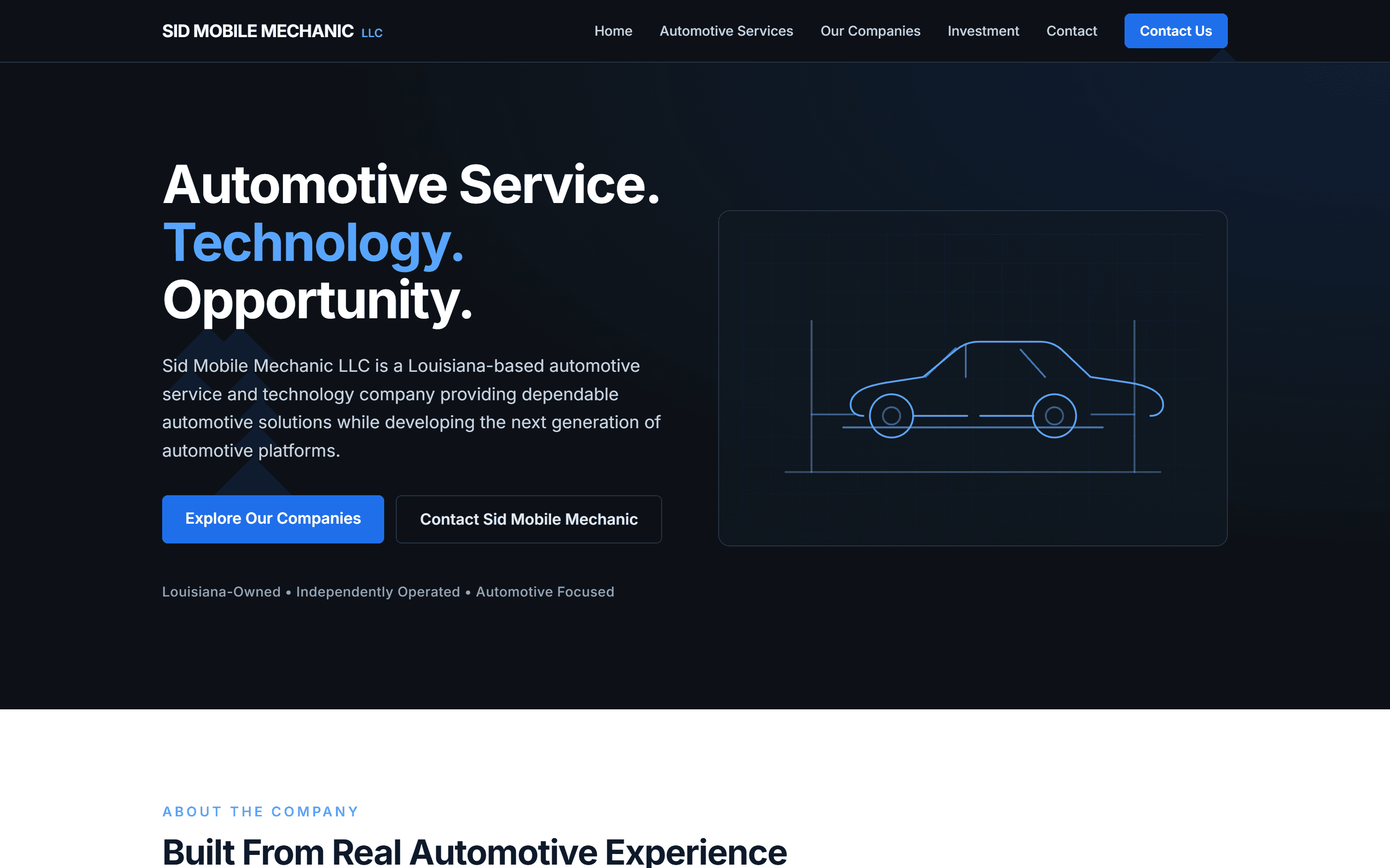 Sid Mobile Mechanic homepage on desktop — dark hero reading 'Automotive Service. Technology. Opportunity.' with company overview and calls to action